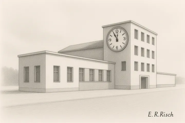 Schwarz-weiße Bleistiftzeichnung eines Fabrikgebäudes im Bauhaus-Stil mit einer Uhr über dem Eingang, die 11:55 Uhr zeigt (fünf vor zwölf)