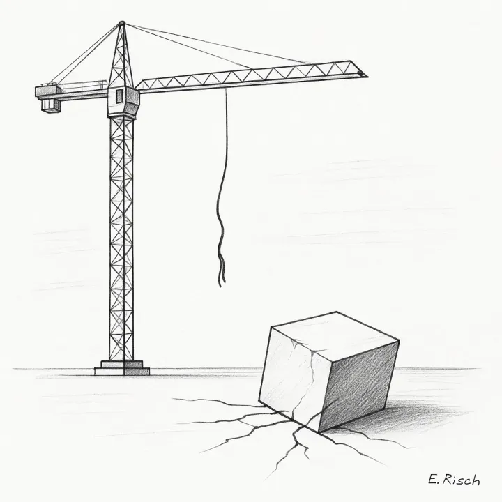 Minimalistische Schwarz-Weiß-Zeichnung eines Baukrans mit gerissenem Seil. Der Steinblock liegt am Boden, Risse ziehen sich vom Einschlagspunkt aus. 