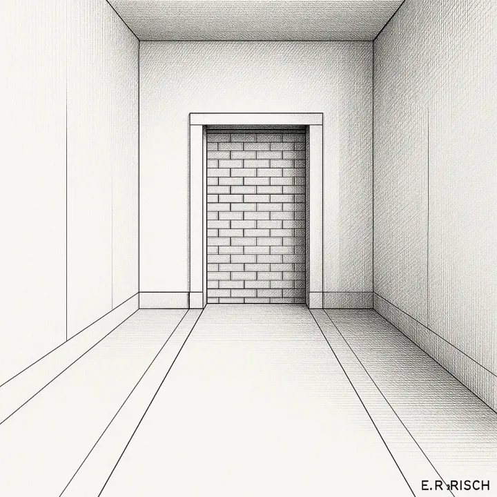 Schwarz-weiße Bleistiftzeichnung eines leeren Korridors, der in einer zugemauerten Tür endet