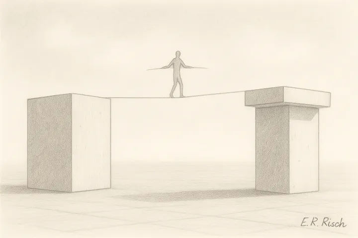 Eine stilisierte Figur balanciert auf einem Seil zwischen zwei massiven Pfeilern. Symbol für den Drahtseilakt von Führung in der Krise.