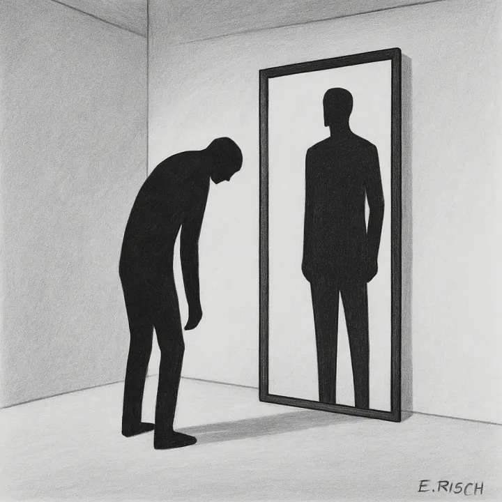 Minimalistische Schwarz-Weiß-Zeichnung: Eine gebeugte Silhouette steht vor einem Spiegel, in dem sie sich aufrecht und kraftvoll gespiegelt sieht