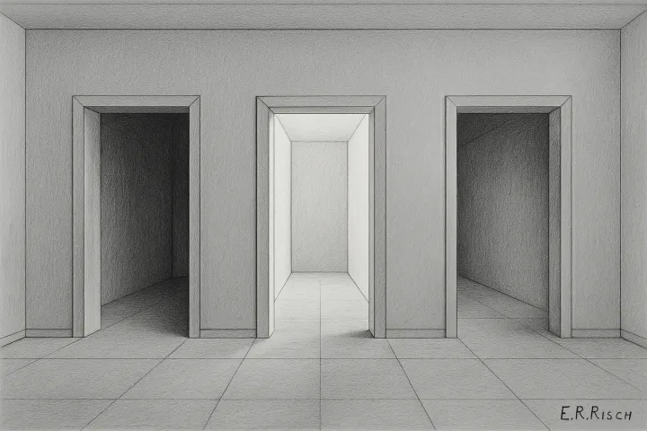 Eine helle Wand mit drei offenen Türen in Zentralperspektive. Jede Tür führt in unterschiedlich helle Gänge