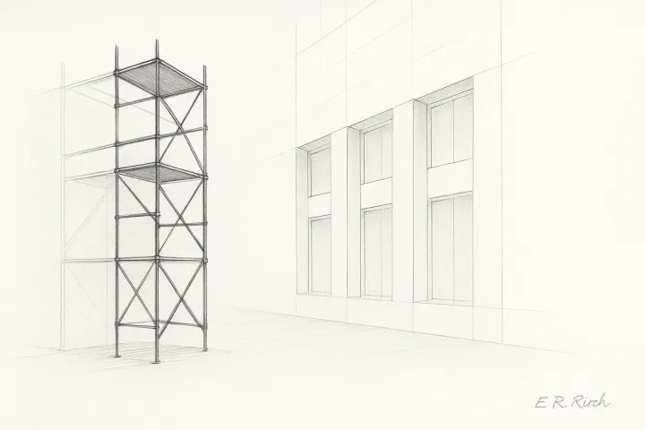 Leichtes Gerüst vor einer hellen Fassade – Übergang von Entwurf zu Beleg.
