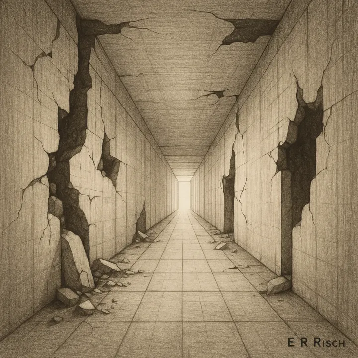 Minimalistische Schwarz-Weiß-Zeichnung eines langen Korridors mit Rissen in den Wänden. Symbol für Krisen, die Spuren hinterlassen und unersetzliche Erfahrung schaffen