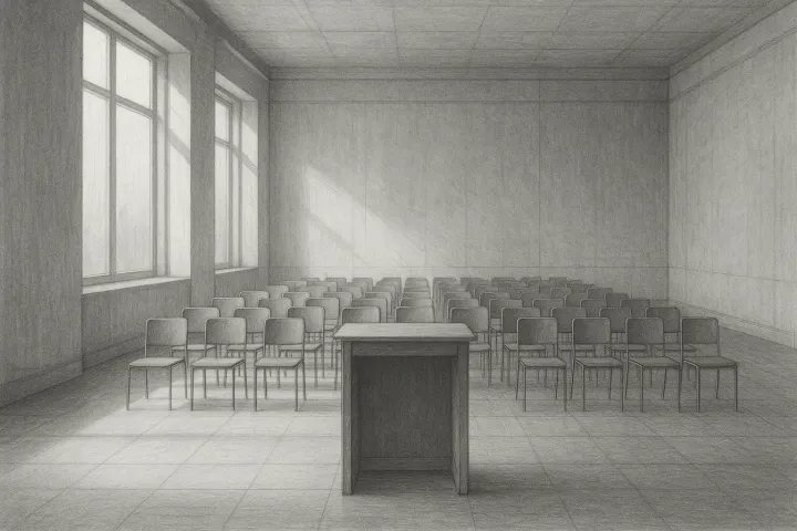 Ein heller, leerer Konferenzsaal mit Pult im Vordergrund und leeren Stuhlreihen im Hintergrund.