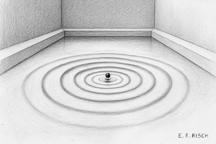 Ein einzelner Tropfen fällt in ein geometrisches Wasserbecken und erzeugt konzentrische Kreise.