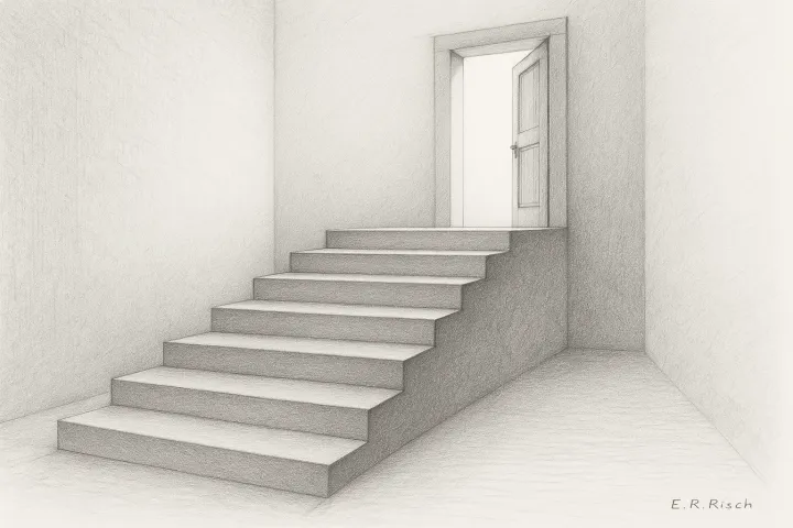 sechs steinerne Stufen führen zu einer geöffneten Tür mit hellem Licht. 
