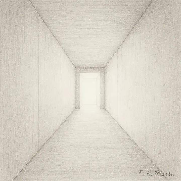 Minimalistische schwarz-weiße Bleistiftzeichnung eines langen, leeren Korridors in Zentralperspektive mit hellem Licht am Ende