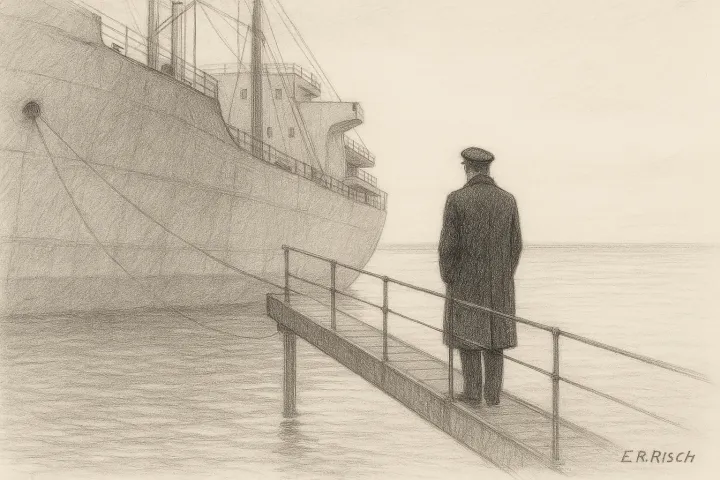 Ein einzelner Lotse steht am Ende eines schmalen Stegs vor einem großen Frachtschiff, das ruhig im Wasser liegt.