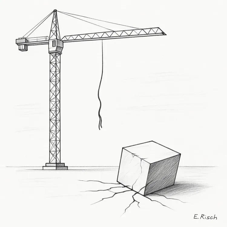Minimalistische Schwarz-Weiß-Zeichnung eines Baukrans mit gerissenem Seil. Der Steinblock liegt am Boden, Risse ziehen sich vom Einschlagspunkt aus. 