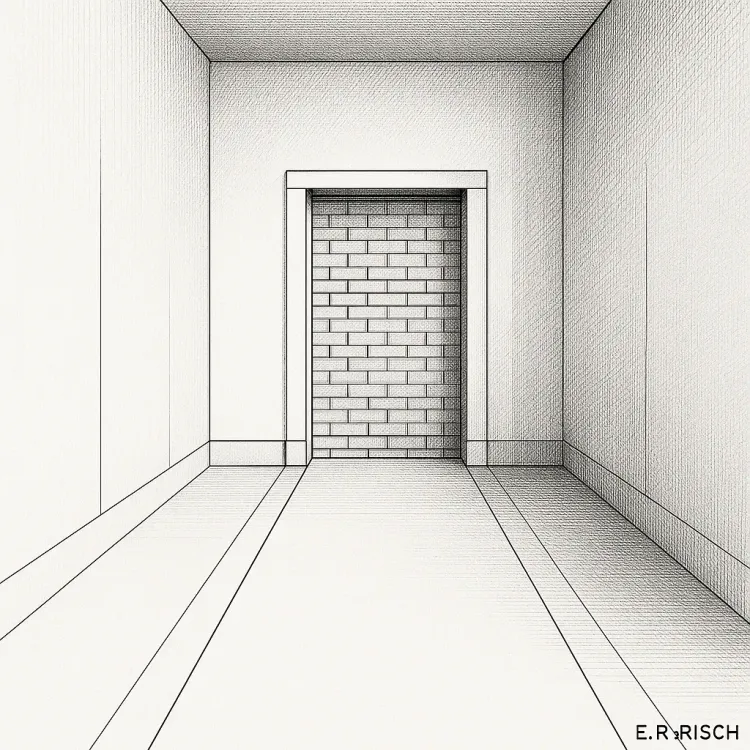Schwarz-weiße Bleistiftzeichnung eines leeren Korridors, der in einer zugemauerten Tür endet