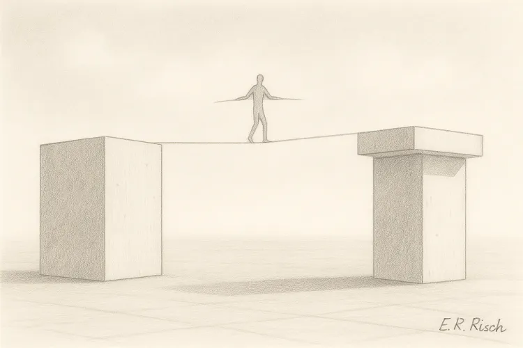 Eine stilisierte Figur balanciert auf einem Seil zwischen zwei massiven Pfeilern. Symbol für den Drahtseilakt von Führung in der Krise.