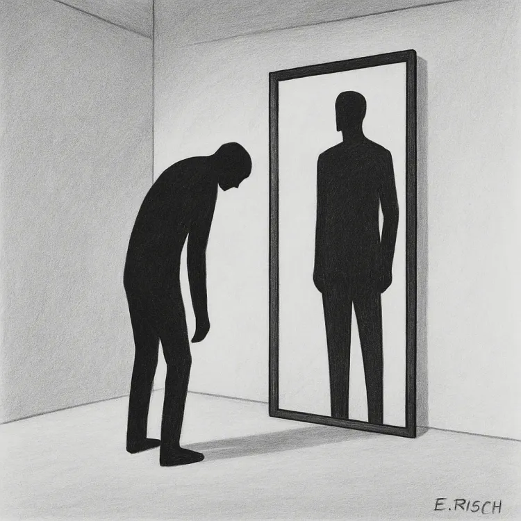 Minimalistische Schwarz-Weiß-Zeichnung: Eine gebeugte Silhouette steht vor einem Spiegel, in dem sie sich aufrecht und kraftvoll gespiegelt sieht