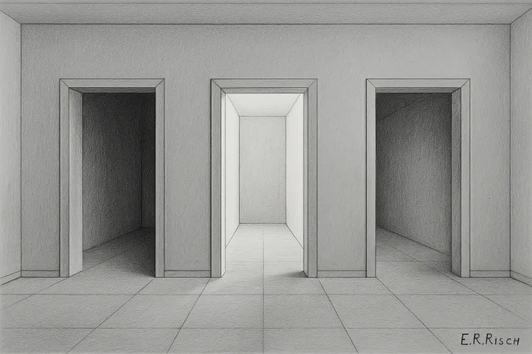 Eine helle Wand mit drei offenen Türen in Zentralperspektive. Jede Tür führt in unterschiedlich helle Gänge