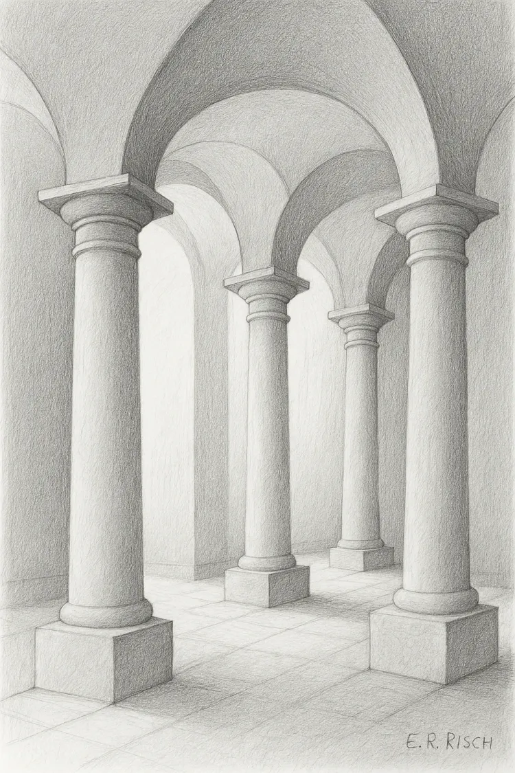 Schwarz-weiße Bleistiftzeichnung von vier Säulen unter einem Gewölbe, die die Rollen CRO, CEO, CFO und Gesellschafter symbolisieren.