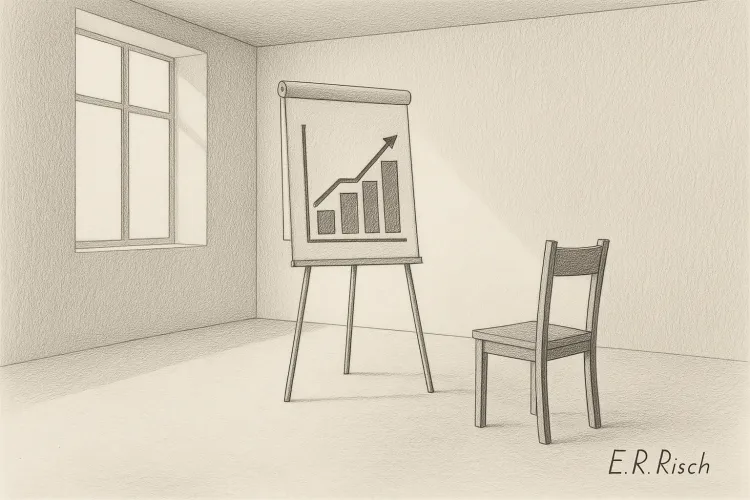 Minimalistische Schwarz-Weiß-Zeichnung eines Flipcharts mit aufsteigendem Liniendiagramm. Symbol für Fortführungsprognose, Klarheit und Transparenz in Unternehmenskrisen.