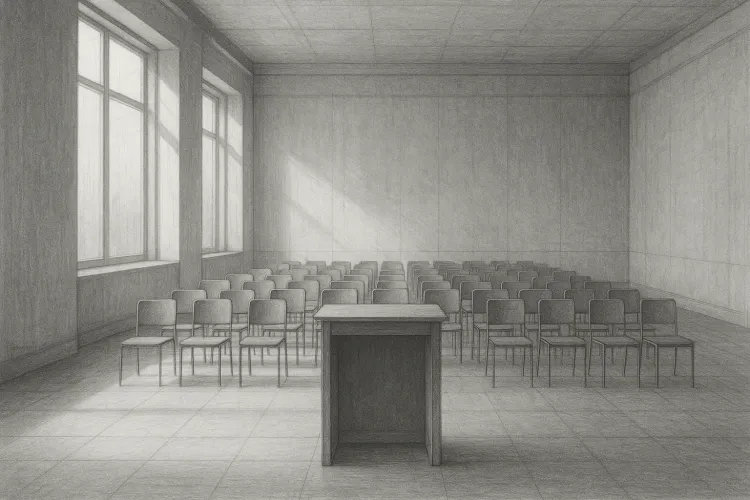 Ein heller, leerer Konferenzsaal mit Pult im Vordergrund und leeren Stuhlreihen im Hintergrund.