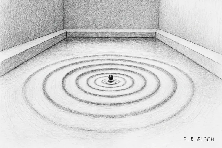 Ein einzelner Tropfen fällt in ein geometrisches Wasserbecken und erzeugt konzentrische Kreise.