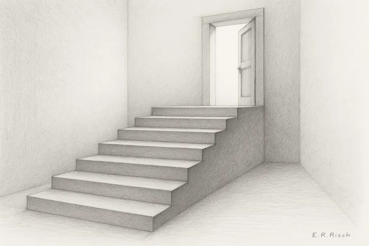 sechs steinerne Stufen führen zu einer geöffneten Tür mit hellem Licht. 