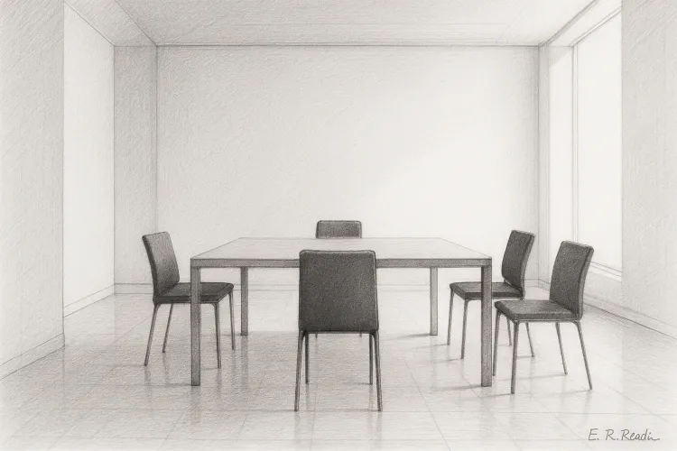 Schwarz-weiße Bleistiftzeichnung eines modernen, leeren Konferenzraums im Querformat. In der Mitte steht ein schlichter Tisch mit vier Stühlen – einer für jede Stakeholdergruppe