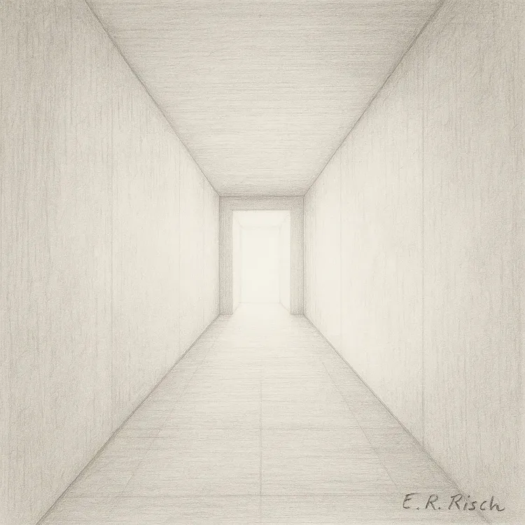 Minimalistische schwarz-weiße Bleistiftzeichnung eines langen, leeren Korridors in Zentralperspektive mit hellem Licht am Ende