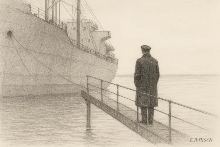 Ein einzelner Lotse steht am Ende eines schmalen Stegs vor einem großen Frachtschiff, das ruhig im Wasser liegt.