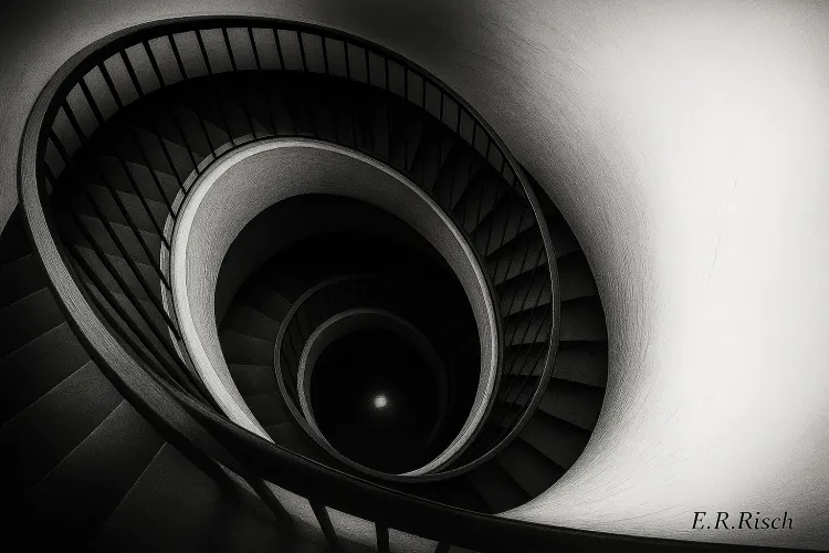 Schwarz-weißes Treppenhaus in spiralförmiger Architektur, von oben gesehen. Feine Linien und Lichtschattierungen erzeugen das Bild einer stillen Bewegung, die sich zur Ordnung verdichtet