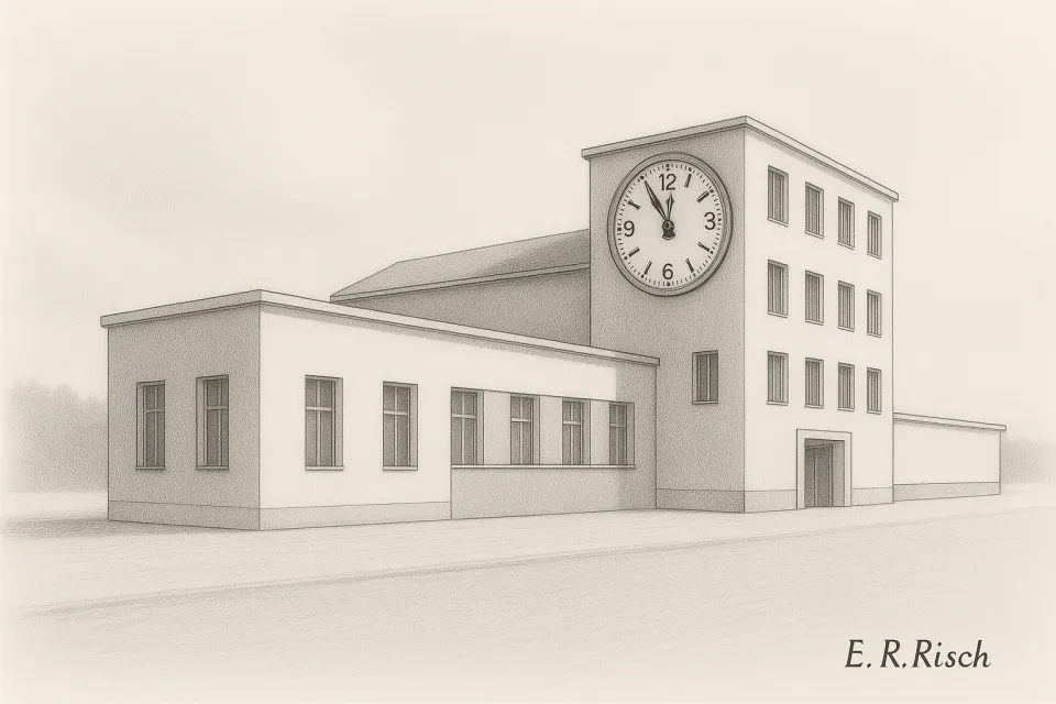 Schwarz-weiße Bleistiftzeichnung eines Fabrikgebäudes im Bauhaus-Stil mit einer Uhr über dem Eingang, die 11:55 Uhr zeigt (fünf vor zwölf)