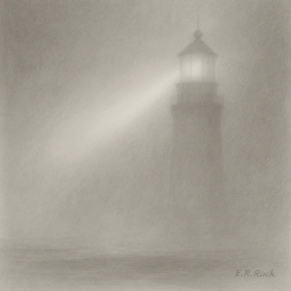 Minimalistische Schwarz-Weiß-Zeichnung eines Leuchtturms, dessen Lichtstrahl durch dichten Nebel bricht. Symbol für den CRO als Lotsen in Krisenzeiten.