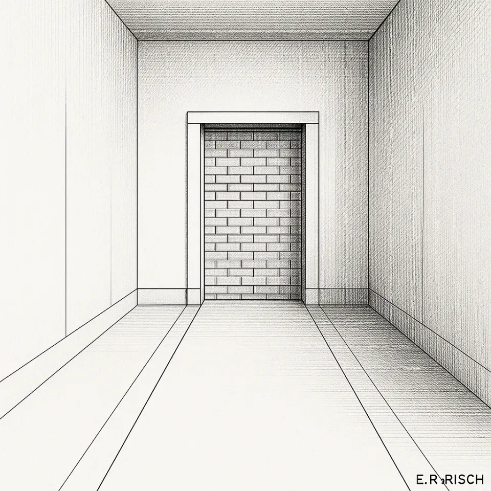 Schwarz-weiße Bleistiftzeichnung eines leeren Korridors, der in einer zugemauerten Tür endet