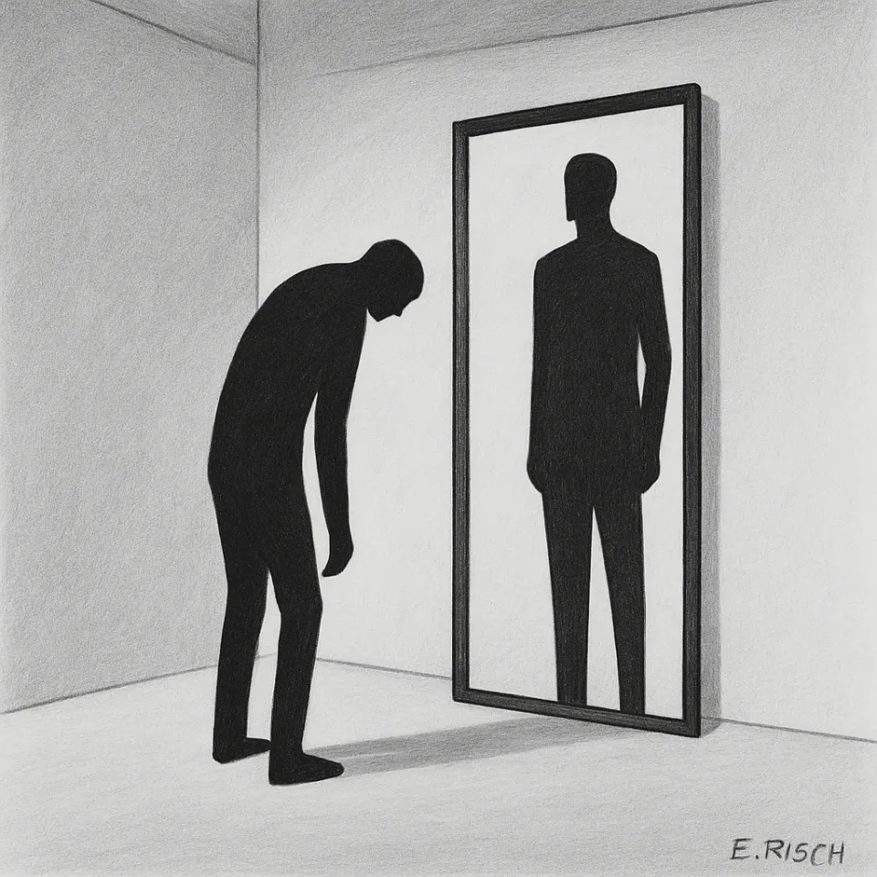 Minimalistische Schwarz-Weiß-Zeichnung: Eine gebeugte Silhouette steht vor einem Spiegel, in dem sie sich aufrecht und kraftvoll gespiegelt sieht