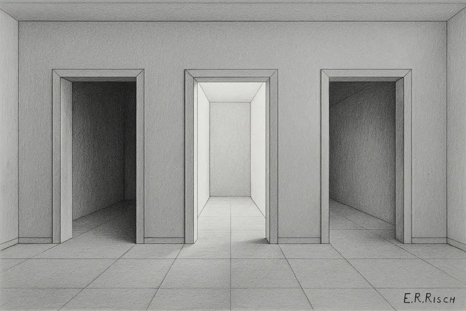 Eine helle Wand mit drei offenen Türen in Zentralperspektive. Jede Tür führt in unterschiedlich helle Gänge