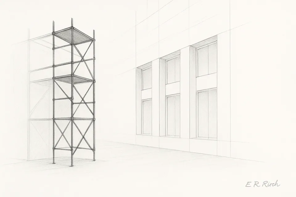 Leichtes Gerüst vor einer hellen Fassade – Übergang von Entwurf zu Beleg.
