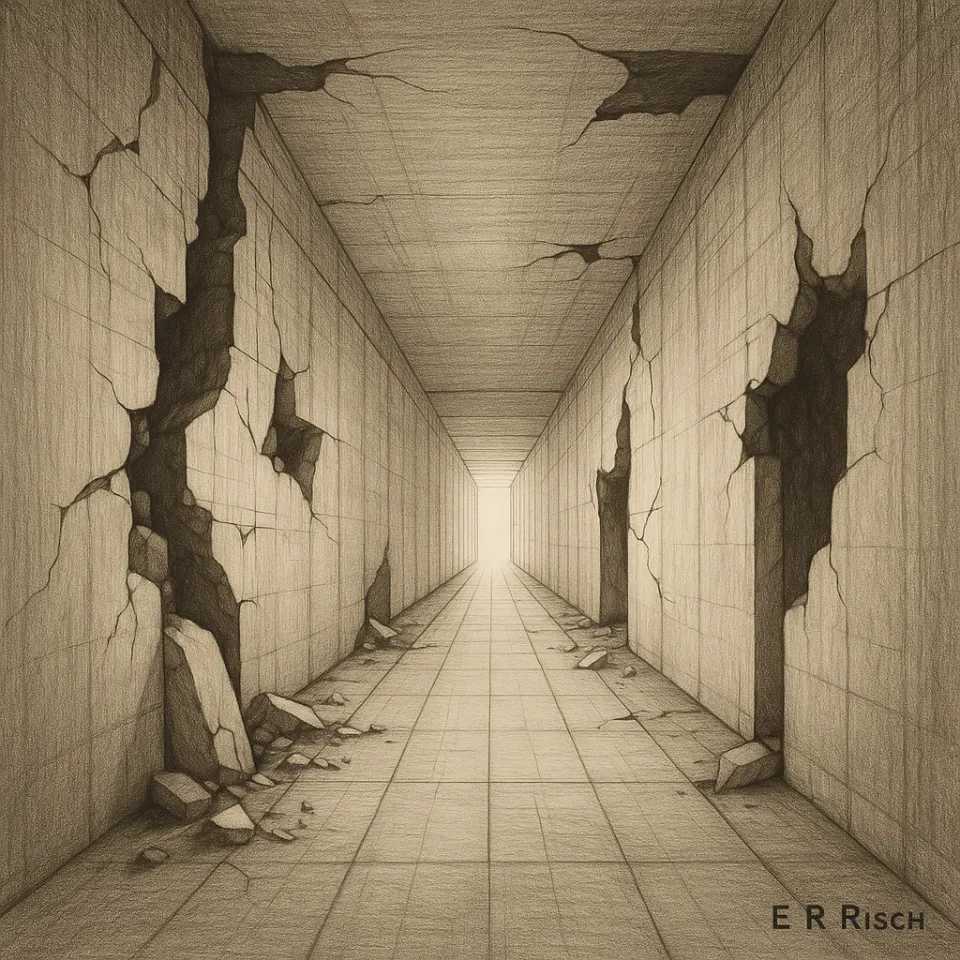 Minimalistische Schwarz-Weiß-Zeichnung eines langen Korridors mit Rissen in den Wänden. Symbol für Krisen, die Spuren hinterlassen und unersetzliche Erfahrung schaffen