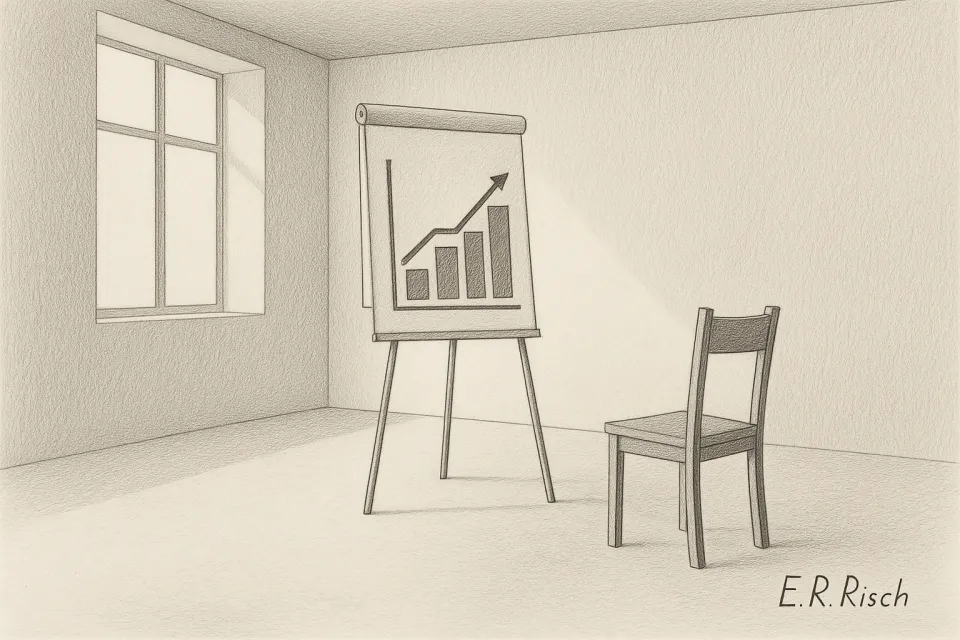 Minimalistische Schwarz-Weiß-Zeichnung eines Flipcharts mit aufsteigendem Liniendiagramm. Symbol für Fortführungsprognose, Klarheit und Transparenz in Unternehmenskrisen.