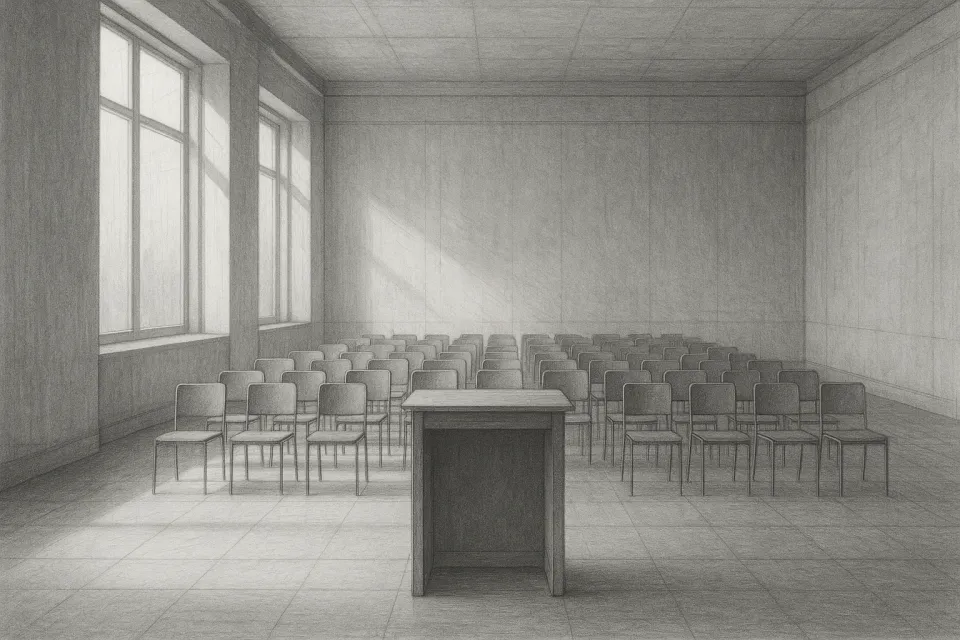 Ein heller, leerer Konferenzsaal mit Pult im Vordergrund und leeren Stuhlreihen im Hintergrund.