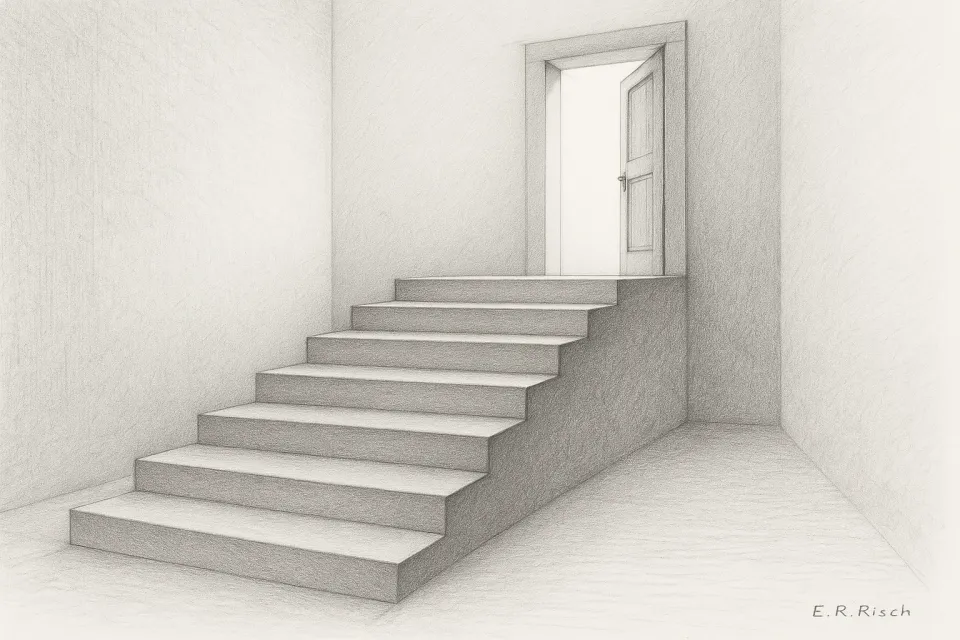 sechs steinerne Stufen führen zu einer geöffneten Tür mit hellem Licht. 