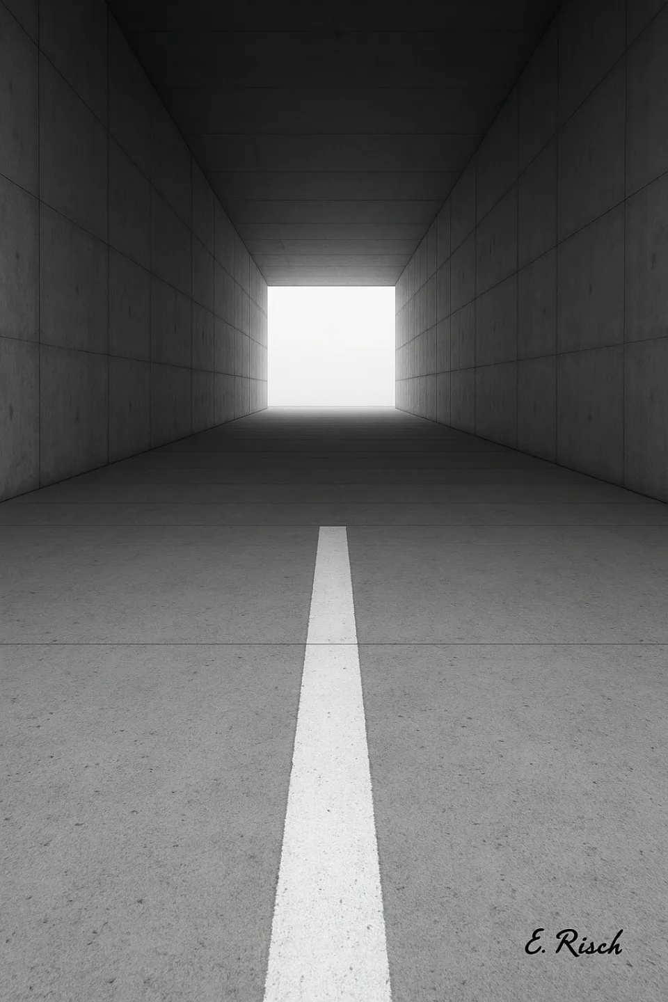 Schwarz-Weiß-Darstellung eines minimalistischen Betonraums mit einer klaren, quer verlaufenden Linie im Boden.