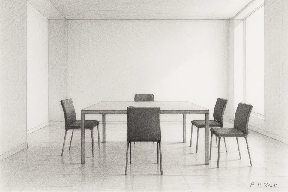 Schwarz-weiße Bleistiftzeichnung eines modernen, leeren Konferenzraums im Querformat. In der Mitte steht ein schlichter Tisch mit vier Stühlen – einer für jede Stakeholdergruppe