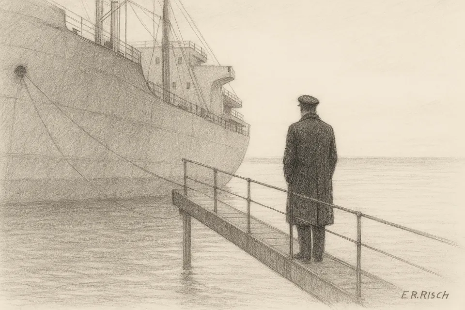 Ein einzelner Lotse steht am Ende eines schmalen Stegs vor einem großen Frachtschiff, das ruhig im Wasser liegt.