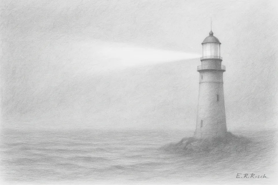 Ein Leuchtturm sendet Licht durch dichten Nebel über das Meer.