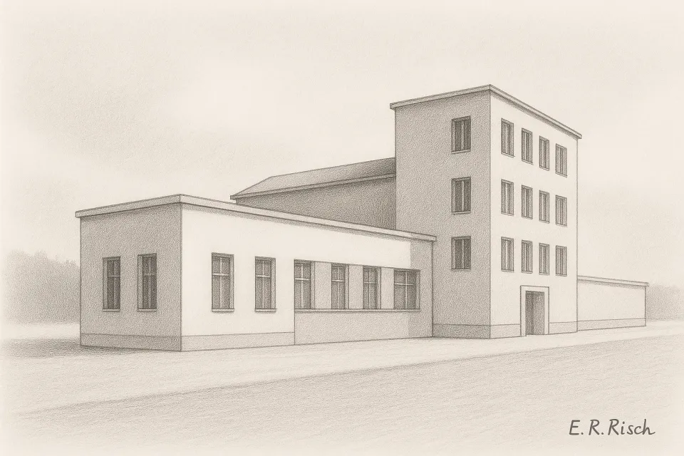 Schwarz-weiße Bleistiftzeichnung eines nüchternen, mehrteiligen Industrie- oder Verwaltungsgebäudes ohne Menschen, in ruhiger architektonischer Perspektive.